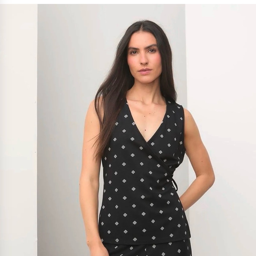 Black Sleeveless Linen Wrap Top with White Floral Print—NEW WITH TAGS SIZE S